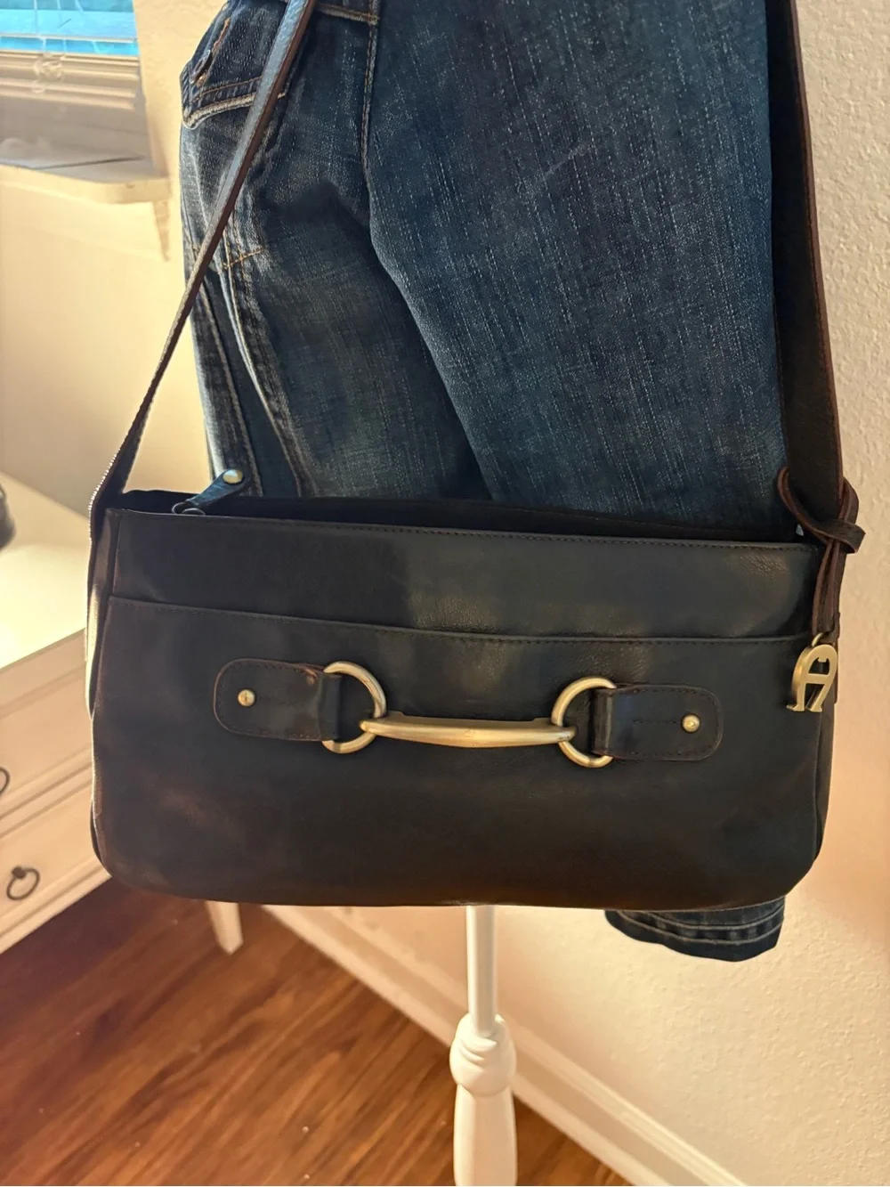 Etienne Aigner Black Leather Messenger Bag with Gold Hardware